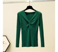 Casual and Office Womens Sweater with Cross Decoration Knitted Fabric Long Sleeve V Neck Solid Color Stylish Design (Green)