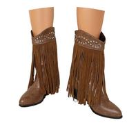 Casual Ankle Boots For Women Retro Western Cowboy Boots With Fringes PU Leather Biker Booties With Rivet Slip-on Booties With Block Heel Large Size Shoes, 36-43EU(Brown,5 UK)