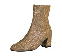 Casual Ankle Boots Leather Women Ladies Boots Large Size Round Toe Sequins Fine Glitter Casual Chunky Heel Low Rain Ankle Boots Women Waterproof Lightweight, gold, 8.5 UK