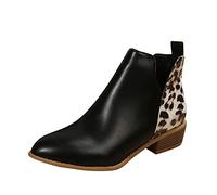 Casual Ankle Boots Overknee Boots Women's Leather Women's Vintage Leopard Print Patchwork Pointed Side Zip Chunky Heel Fashion Ankle Boots Short Rain Boots Ankle Boots Waterproof, black, 6 UK