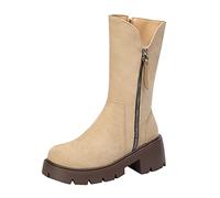 Casual Boots Women's Platform Boots Fashion Simplicity Low Heel Ankle Boots Pure Colour Elegant Half Height Boots Retro Comfortable Outdoor Boots with Side Zip, khaki, 6 UK