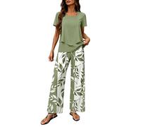 Casual Chic Women's Summer Outfit - Elegant Ice Silk Tiered Tops & Printed Wide Leg Trousers Cool Cuddly Leisure Suit Training & Lounge Set Summer Outfits for Home Holiday Leisure, Army Green, XL Tall