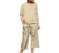 Casual Co-ord Sets For Women Plus Size Cotton Linen Outfits Oversized Casual Sets 3/4 Sleeve Shirts Trousers Suit Solid Wide Legs Pants With Blouse Casual Sets Autumn Sets Loungesuit Khaki M