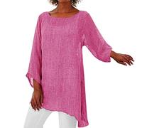 Casual Cotton and Linen 3/4 Sleeve Summer Tops for Women Loose Three Quarter Sleeve Tunic T Shirt Plus Size Blouse(Pink,XL)