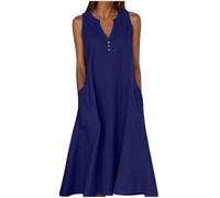 Casual Cotton Linen Dress for Women UK Stylish Notched V Neck Sleeveless Tank Dresses with Pockets Vacation Beach Flowy Midi Sundress Buttons Trim Vest Dress Navy
