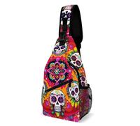 Casual Crossbody Shoulder Backpack Dead Sugar Skull Flowers Rucksack Lightweight,Multipurpose Chest Backpack for Men Women Cycling