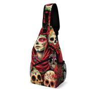 Casual Crossbody Shoulder Backpack Mexican Red Roses Sugar Skull Flowers Women Day Of The Dead Shoulder Chest Bags Anti Theft,Lightweight Sling Backpack for Working Camping Outdoor