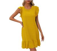 Casual Dress for Women UK Clearance Ruffle Sleeveless Midi Dresses Elegant Party Tunic Dress Casual Summer Loose Sundress Holiday Beach Boho Knee Length Dress T Shirt Dresses Yellow