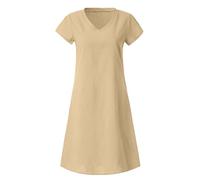 Casual Dress for Women UK Short Sleeve V-Neck Cotton Linen Dress Summer Holiday Sundress Boho Beach Midi Dresses Elegant Solid Color Baggy Knee Length Dress Swing Plus Size Loose Tunic Dress Khaki