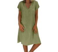 Casual Dress for Women UK Short Sleeve V-Neck Cotton Linen Dress Summer Holiday Sundress Boho Beach Midi Dresses Elegant Solid Color Baggy Knee Length Dress Swing Plus Size Loose Tunic Dress Green
