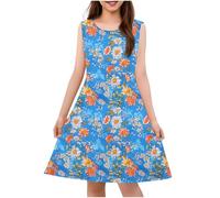 Casual Dresses for Girls Summer Sleeveless Floral Boho Beach Sundress Flowy Flat Front Hem Party Midi Dress Lightweight Round Neck A Line Dresses D-Blue 9-10 Years