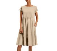 Casual Dresses for Women Ladies Summer Solid Color Fashion OL Temperament Women's Cotton and Linen Crew Neck A Line Skirt Dress Ladies Summer Dresses (Khaki, M)