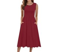 Casual Dresses for Women UK, Empire Waist Dress Ladies Midi Dresses Crew Neck Short Sleeve Tunics Summer Plain Soft Swing Outfit with Pockets Wine S