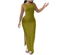 Casual Dresses for Women UK High Slit Sleeveless Tank Dress Ribbed Knit Bodycon Summer Maxi Sundress Boho Beach Party Dresses Slim Fit Knitted Long Vest Dress Green