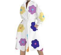 Casual Dresses for Women UK Sale Clearance Ladies Dresses V-Neck Long Sleeve Tunic Dress Comfy A Line Short Dress Loose Turn-Down Collar Printed Midi Dress Pullover Knee Length