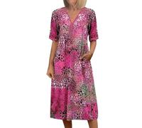Casual Dresses for Women UK Summer Midi Dresses A-Line Dress V Neck Half Sleeves Dresses Boho Sundresses Leopard Print Sundress Lace Sundress Swing Sundresses Lightweight Holiday Beachwear Hot Pink