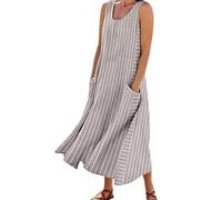 Casual Dresses for Women Women's Color Round Neck Cuffless Pocket Casual Striped Cotton Linen Long Vest Dress Black Dress for Women (Pink, L)