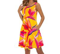 Casual Dresses for Women Women's Print Spring Summer Loose Casual Round Neck Camisole Sleeveless Vest Pocket Dress Swimsuit Beach Cover Up White Dress for Women (Yellow, M)