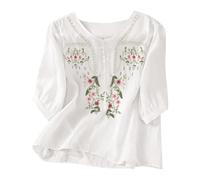 Casual Embroidered Tops Womens Button Henley Linen Shirts Loose 3/4 Lantern Sleeve Floral Printed Peasant Cotton Blouses Retro Jacquard Bohomia Blouses Leisure Outdoor Trekking Sportwear White