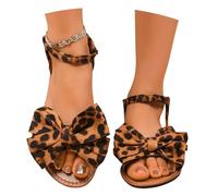 Casual Flat Sandals For Women Vintage Sandals With Leopard Summer Peep Toe Beach Shoes With Elastic Band Student Cute Sandals With Bows(7.5 UK)