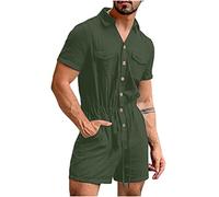 Casual Jumpsuit With Pockets: Summer Jumpsuit Short Mens Loungewear Sets Cotton Linen Dungarees Men Uk Top And Trousers Set Men Summer Slim One-Piece Pants Fashion Casual Button Shorts Sets