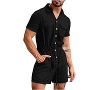 Casual Jumpsuit With Pockets: Summer Jumpsuit Short Mens Loungewear Sets Cotton Linen Dungarees Men Uk Top And Trousers Set Men Summer Slim One-Piece Pants Fashion Casual Button Shorts Sets
