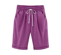 Casual Knee Length Shorts For Women UK With Pocket Plus Size Cotton Linen Shorts Drawstring Tracksuit Bottoms Elastic Waist Wide Legs Shorts Relaxed Lounge Shorts Ladies Active Shorts Purple 5XL