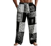 Casual Linen Trousers Mens Elastic Waist Spring Fashion Pants Lightweight Drawstring Hippy Trousers Breathable Summer Beach Pants Loose Wide Leg Athletic Outdoor Running Yoga Tracksuit Bottom Pockets