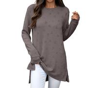 Casual Long Sleeve Basic Shirt for Women New Solid Color O Neck Loose Long Sleeved Slit T Shirt Top for Women Autumn Winter 2025 for Indoor Outdoor Workout Xmas Gifts (Coffee, M)