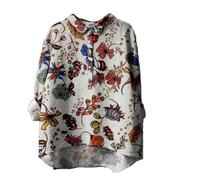 Casual Long Sleeve Top Blouse with Printed Design Linen T Shirt for Women's Flower Printed Loose Fit Tee Tops Lapel Neck Button Blouses Long Sleeves Casual Tops 2025 Xmas Women's Plaid (White, L)