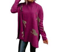 Casual Long Sleeve Top with Retro Tiger and Leopard Print, Women's Turtleneck Sweatshirts, Knit Long Sleeve Side Slit Casual Pullover Sweatshirt Tops (Wine Red,M)