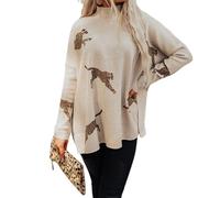 Casual Long Sleeve Top with Retro Tiger and Leopard Print, Women's Turtleneck Sweatshirts, Knit Long Sleeve Side Slit Casual Pullover Sweatshirt Tops (Off White,L)