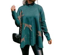 Casual Long Sleeve Top with Retro Tiger and Leopard Print, Women's Turtleneck Sweatshirts, Knit Long Sleeve Side Slit Casual Pullover Sweatshirt Tops (Green,L)