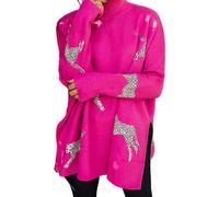 Casual Long Sleeve Top with Retro Tiger and Leopard Print, Women's Turtleneck Sweatshirts, Knit Long Sleeve Side Slit Casual Pullover Sweatshirt Tops (Rose Red,L)