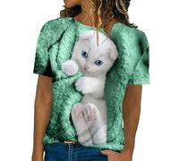 Casual Loose Cute Cat Print Crew Neck T-Shirt Short Sleeve Pullover 3/4 Sleeve Women, Green, M