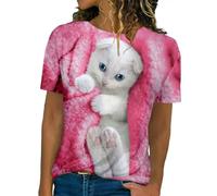 Casual Loose Cute Cat Print Crew Neck T-Shirt Short Sleeve Pullover 3/4 Sleeve Women, pink, M