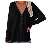 Casual Loose Long Sleeve Buttons V-Neck Plain Top Shirt Women/Winter Fashion Casual Top Long Sleeve Shirt Women's Loose, black, XXL