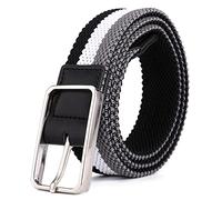 Casual Mens Belts Alloy Pin Buckle Stretch Braided Web Multicolor Woven Elastic Belt For Male/Width 1.37" / Fit Waist 24"-35", Black/White/Grey, L105cm/41in - waist within 36 in