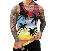 Casual Men'S Sleeveless Splash about Swim Vest Summer Hawaiian Vest Sleeveless T Shirt Tropical Ocean Scenery Sunset Coconut Trees Printed Vests Funky Beach Vests Fit Summer Vests for Surf Yellow