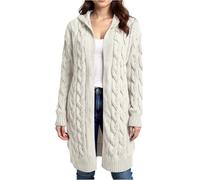 Casual Mid-Length Cardigan Jacket for Womens UK Elegant Simple Solid Color Cable Hooded Knitted Sweater Coat Layering Piece for UK Weather 01-White L