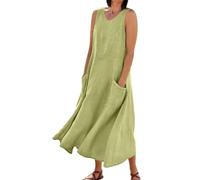 Casual Midi Dresses Summer Cotton Linen Solid Color Crew Neck Sleeveless Dresses Tunic Tank Dress with Pockets Skater Dress for Women (Green, XL)