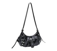 Casual Motorcycle Punk Rivets Crossbody Bag with Buckle PU Leather Zippered Shoulder Satchel Underarm Purse for Women