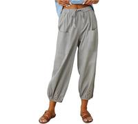 Casual Pants for Women Lantern Tapered Harem Pants Loose Fit Style Flax Ankle Trousers Summer Baggy Slacks with Pockets