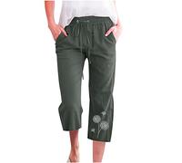 Casual Pants,Womens Cotton Linen 3/4 Length Elasticated Waist with Baggy Beach Sweatpants Army Green