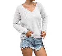 Casual Plain Sweaters for Women 2025 Top Woman V Neck Solid Color Loose Leisure Knitted Sweater Pullover Warm Type Time Knitwear for Outdoor Xmas Gifts (White, S)