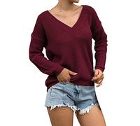 Casual Plain Sweaters for Women 2025 Top Woman V Neck Solid Color Loose Leisure Knitted Sweater Pullover Warm Type Time Knitwear for Outdoor Xmas Gifts (Red, S)