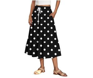 Casual Polka Dot Skirts for Women UK Drawstring Elasticated Waist Skirt with Pockets Fashion Tiered Flowy Swing A-Line Skirt Summer Beach Midi Skirts Your Orders Clearance Black