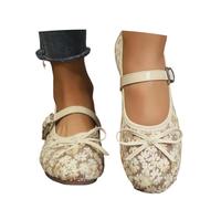 Casual Sandals Breathable Mesh Floral Slip On Flat Shoes with Bow Knot Ankle Strap Soft Cushion that Lasts All Day Beige