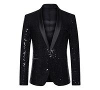 Casual Sequin Blazer for Men Classic Peak Lapel Disco Prom Suit Sparkly Show Glitter Sports Coats, Black, XL