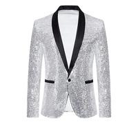 Casual Sequin Blazer for Men Classic Peak Lapel Disco Prom Suit Sparkly Show Glitter Sports Coats, Silver, L